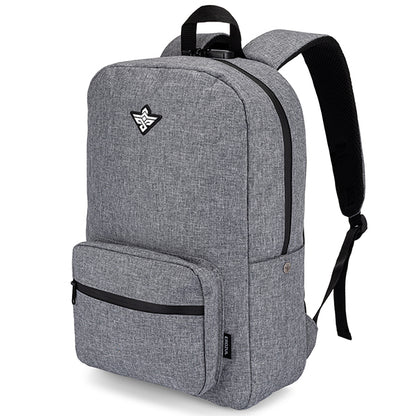 The Erozul Legend Travel Laptop Backpack is a gray, smell-proof, weather-resistant bag with a front zip pocket, black zippers, small black-and-white Erozul logo, combination lock, and adjustable black straps. Bonus gifts included.