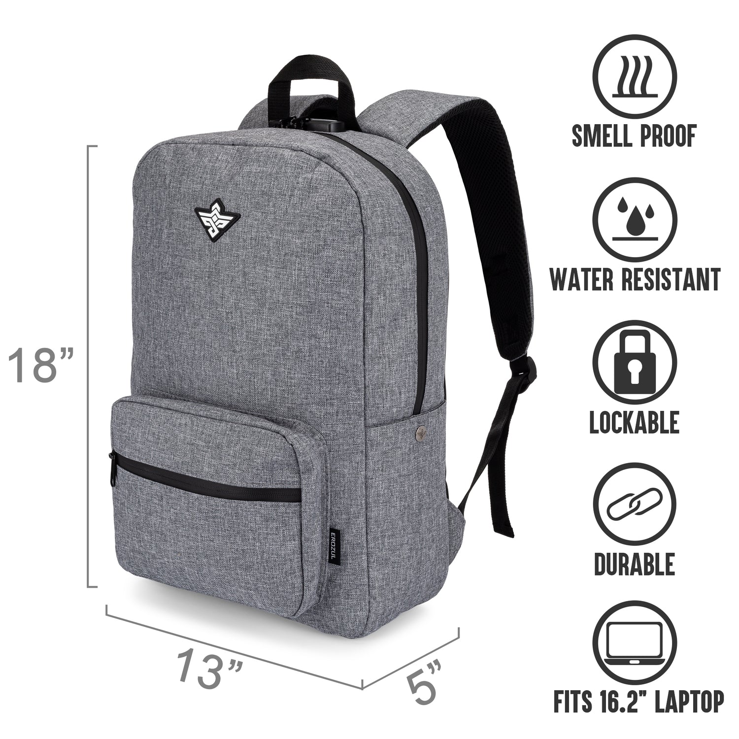 Gray backpack with front pocket, black zippers, and top handle; features listed as smell proof, water resistant, lockable, durable, fits 16.2 laptop; dimensions 18x13x5.