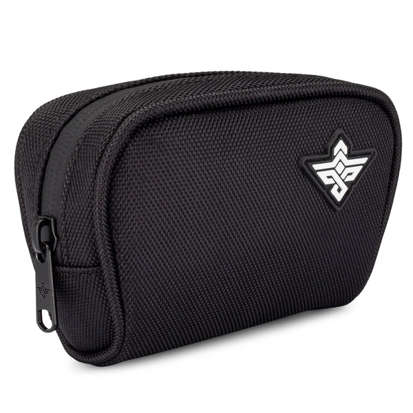 The Erozul Nano Small Smell Proof Slim Pack Pouch V2.0 is a compact black pouch with a textured, water-resistant exterior, white geometric front logo, zipper closure, and advanced 5-layer odor-blocking technology.