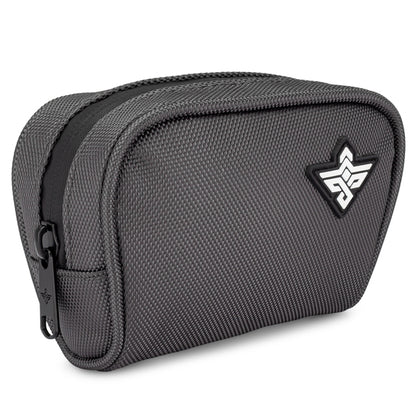 The Erozul Nano Small Smell Proof Slim Pack Pouch V2.0 is a compact, rectangular, dark gray pouch with a textured water-resistant finish and a white logo on the front.