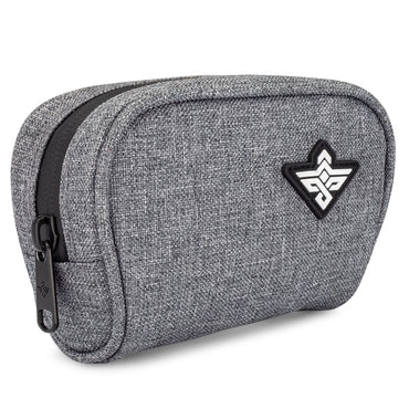 The Erozul Nano Small Smell Proof Slim Pack Pouch V2.0 is a compact gray fabric pouch with a zipper, black-and-white geometric logo, advanced 5-layer odor control technology, and water-resistant durability.