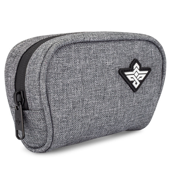 The Erozul Nano Small Smell Proof Slim Pack Pouch V2.0 is a compact gray fabric pouch with a zipper, black-and-white geometric logo, advanced 5-layer odor control technology, and water-resistant durability.