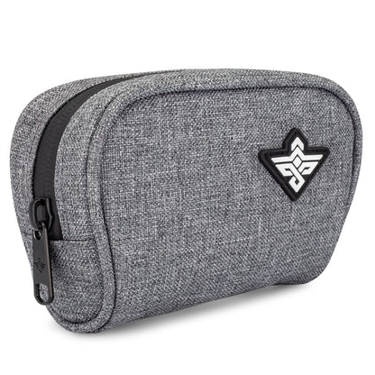 The Erozul Nano Small Smell Proof Slim Pack Pouch V2.0 is a compact gray fabric pouch with a zipper, black-and-white geometric logo, advanced 5-layer odor control technology, and water-resistant durability.