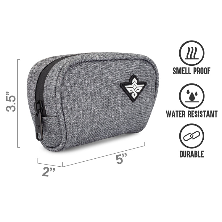 Small gray zippered pouch, measuring 5 x 2 x 3.5, with icons indicating it is smell proof, water resistant, and durable.