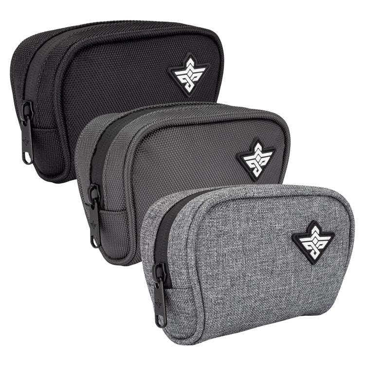 Three zippered pouches in varying shades of gray, each with a black-and-white logo patch on the front, are displayed in a staggered arrangement.