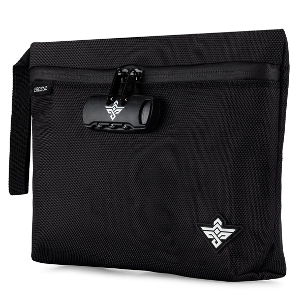 The Erozul Orion Smell Proof Bag With Combination Lock 11 features textured fabric, a black zippered design, side handle, secure lock, and a small white geometric logo in the corner.