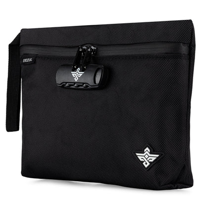 The Erozul Orion Smell Proof Bag With Combination Lock 11 features textured fabric, a black zippered design, side handle, secure lock, and a small white geometric logo in the corner.