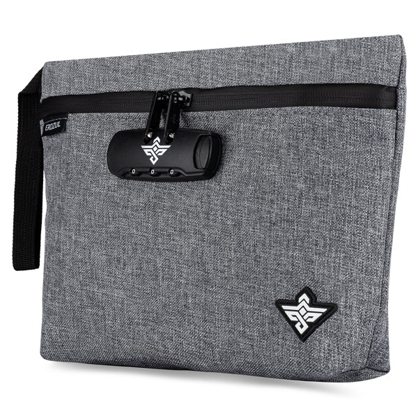 The Erozul Orion Smell Proof Bag With Combination Lock 11 is a grey fabric bag with a black zipper, wrist strap, and white geometric logo, designed for secure and discreet carrying.