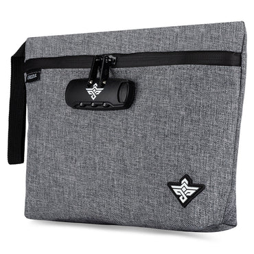 The Erozul Orion Smell Proof Bag With Combination Lock 11 is a grey fabric bag with a black zipper, wrist strap, and white geometric logo, designed for secure and discreet carrying.