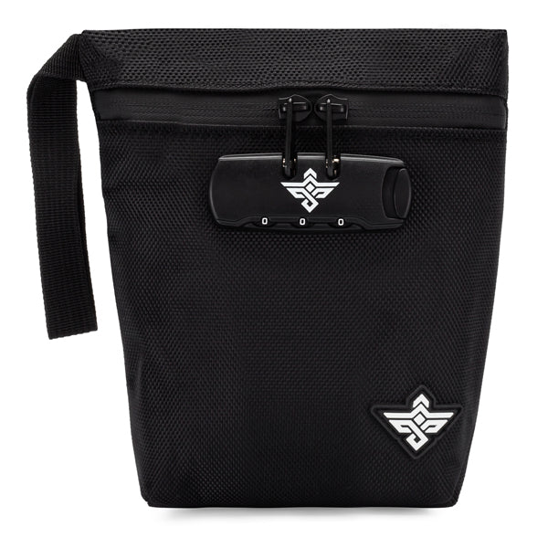 The Erozul Orion Smell Proof Bag With Combination Lock 7 features a black design, left-side handle, smell-proof technology, and a white geometric logo on the front lower right corner.
