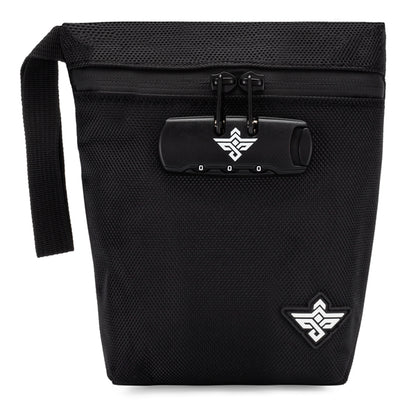 The Erozul Orion Smell Proof Bag With Combination Lock 7 features a black design, left-side handle, smell-proof technology, and a white geometric logo on the front lower right corner.