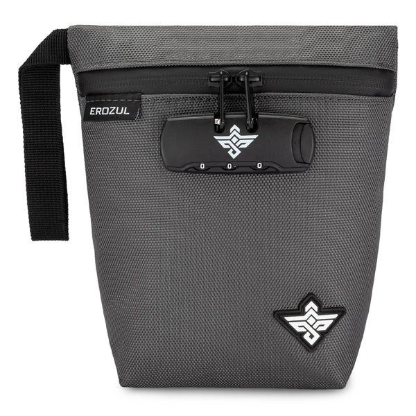 The Erozul Orion Smell Proof Bag With Combination Lock 7 is a gray travel pouch featuring a black zipper, left-side black strap, and a white-and-black logo on the front.