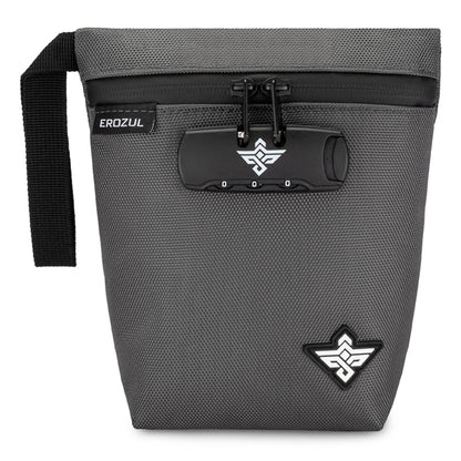 The Erozul Orion Smell Proof Bag With Combination Lock 7 is a gray travel pouch featuring a black zipper, left-side black strap, and a white-and-black logo on the front.