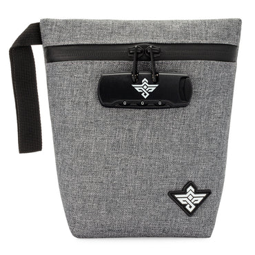 The Erozul Orion Smell Proof Bag With Combination Lock 7 is a grey zippered pouch with a black combo lock, strap, smell-proof tech, and a geometric front logo.