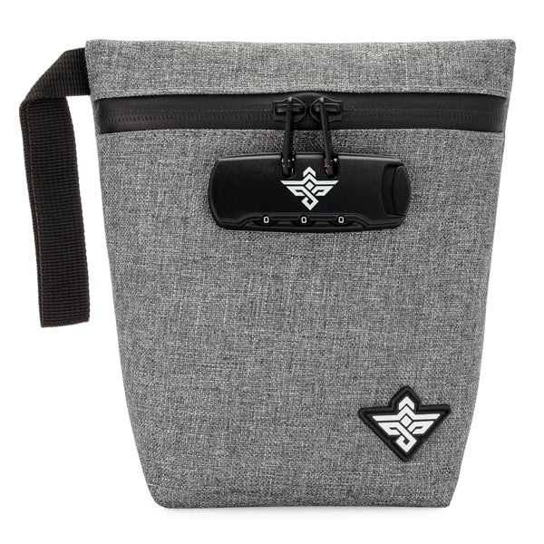 The Erozul Orion Smell Proof Bag With Combination Lock 7 is a grey zippered pouch with a black combo lock, strap, smell-proof tech, and a geometric front logo.