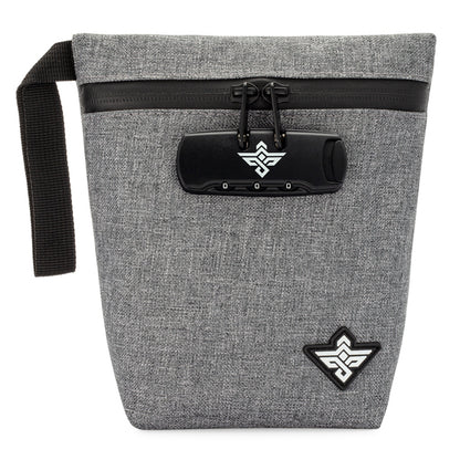 The Erozul Orion Smell Proof Bag With Combination Lock 7 is a grey zippered pouch with a black combo lock, strap, smell-proof tech, and a geometric front logo.