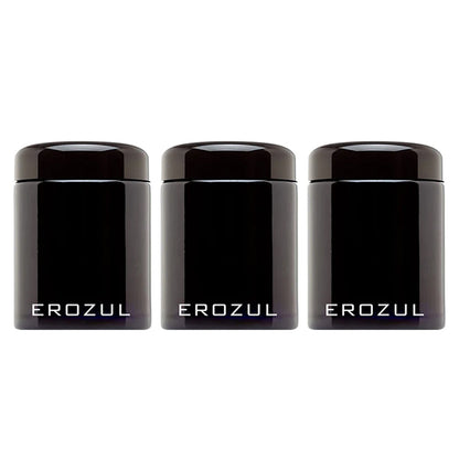 Three Erozul 100 ml airtight wide mouth ultraviolet glass jars with screw tops and high UV protection, labeled Erozul in white, are arranged side by side against a white background.