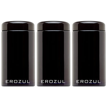 Three Erozul 500 ml (1 oz) screw top airtight wide mouth ultraviolet glass jars with EROZUL in white at the front, shown side by side. These jars offer high UV protection to preserve freshness and are designed to be smell-proof.