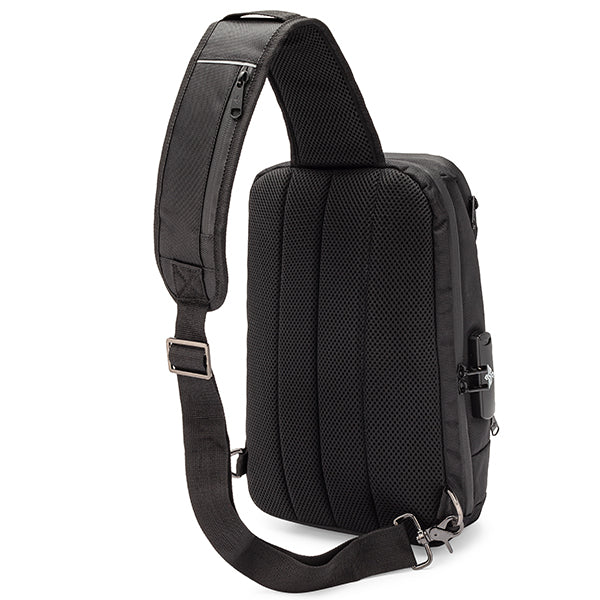 The Erozul Equinox Smell Proof Sling Bag features a padded, breathable back panel, adjustable shoulder strap with a small zipper pocket, and a secure side combination lock. Shown from the rear for an anti-theft design.