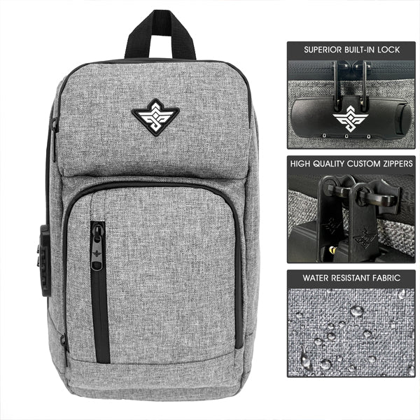 The Erozul Equinox Smell Proof Sling Bag features a top handle, front pocket, and logo; inset images highlight a TSA-approved combination lock, custom zippers, and water-resistant fabric.