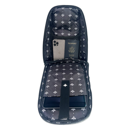 The Erozul Equinox Smell Proof Sling Bag features an internal pocket for a smartphone and U.S. passport, a tablet slot, and an integrated TSA Approved Combination Lock for enhanced travel security.
