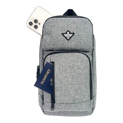 The Erozul Equinox Smell Proof Sling Bag With Combination Lock in gray features a front passport pocket and a top compartment for your smartphone, offering secure and convenient storage.
