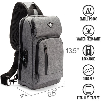 The Erozul Equinox Smell Proof Sling Bag features black zippers, water resistance, a TSA-approved combination lock, and a durable design. Fits an 11.5 tablet. Dimensions: 13.5 x 8.5 x 4 in; icons highlight each key feature.