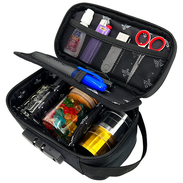 The Erozul Genesis Storage Travel Case by Erozul is a water-resistant, smell proof organizer with a combination lock, mesh pockets for accessories, and a main compartment—perfect for discreetly and securely carrying your essentials.
