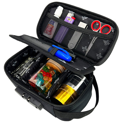 The Erozul Genesis Storage Travel Case by Erozul is a water-resistant, smell proof organizer with a combination lock, mesh pockets for accessories, and a main compartment—perfect for discreetly and securely carrying your essentials.