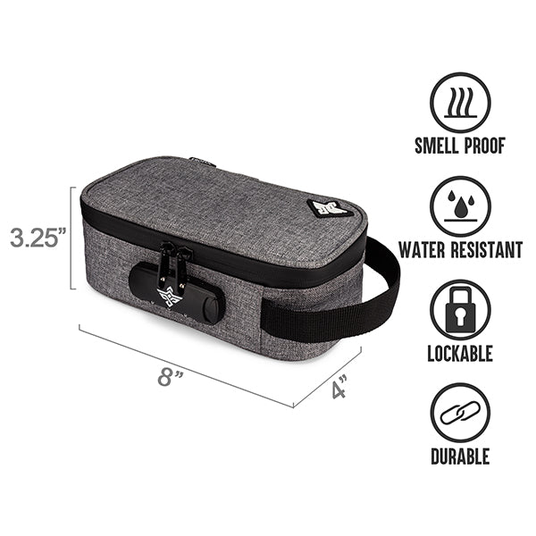 The Erozul Genesis Storage Travel Case is a gray, rectangular, smell-proof organizer with handle and combo lock (8 x 4 x 3.25 in). Water resistant and durable, it’s a lockable travel essential from Erozul.