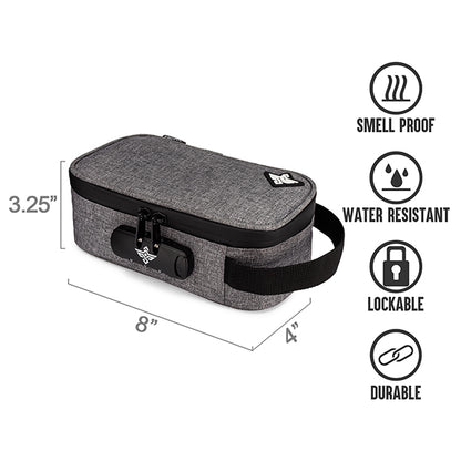 The Erozul Genesis Storage Travel Case is a gray, rectangular, smell-proof organizer with handle and combo lock (8 x 4 x 3.25 in). Water resistant and durable, it’s a lockable travel essential from Erozul.