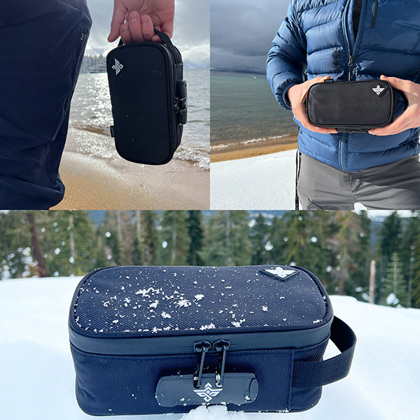 The Erozul Genesis Storage Travel Case with Combination Lock is a water-resistant organizer bag, shown being held outdoors on a beach and in snowy mountains—essential for travel.