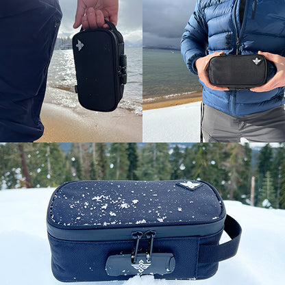 The Erozul Genesis Storage Travel Case with Combination Lock is a water-resistant organizer bag, shown being held outdoors on a beach and in snowy mountains—essential for travel.