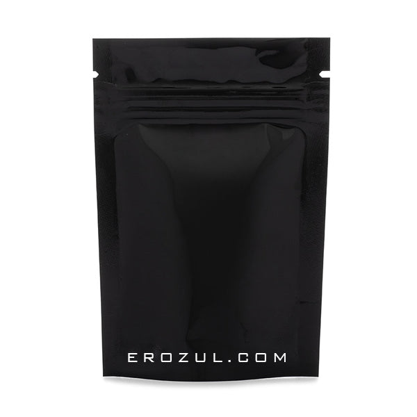 The Erozul Black Mylar Bags 1/8 oz - 12 Pack are moisture-resistant, resealable stand-up bags with EROZUL.COM printed near the bottom front center.