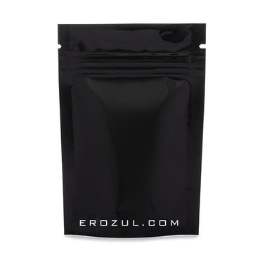 The Erozul Black Mylar Bags 1/8 oz - 12 Pack are moisture-resistant, resealable stand-up bags with EROZUL.COM printed near the bottom front center.