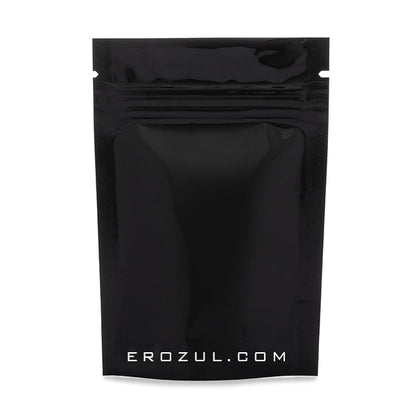 The Erozul Black Mylar Bags 1/8 oz - 12 Pack are moisture-resistant, resealable stand-up bags with EROZUL.COM printed near the bottom front center.