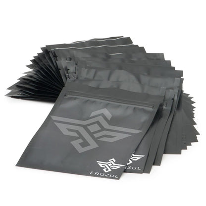 A 12-pack of Erozul Black Mylar Bags (1/8 oz), featuring a moisture-resistant design with a geometric logo and EROZUL printed in white on the front.
