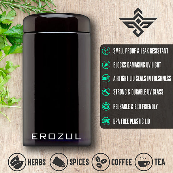 The Erozul 60 ml (2 fl oz) Screw Top Airtight Wide Mouth Ultraviolet Glass Jar is shown with icons for smell proof, UV resistant, durable, reusable, and BPA-free. Ideal for storing herbs, spices, coffee, or tea.