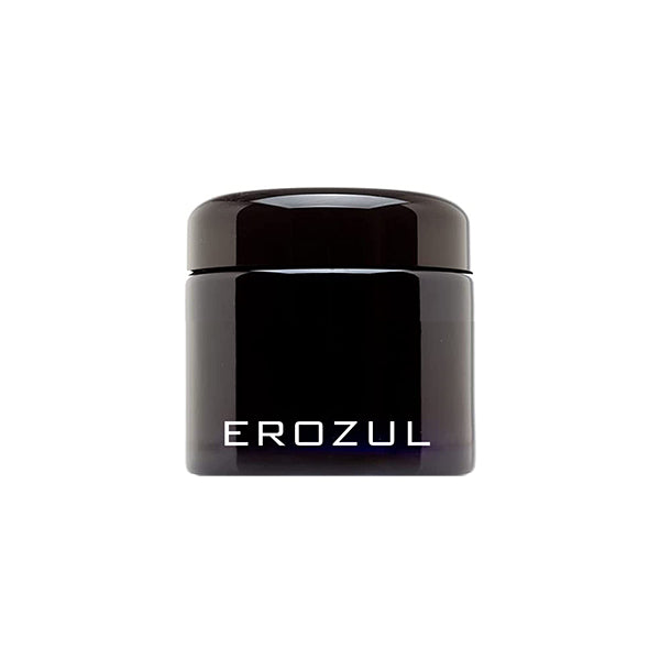 The Erozul 60 ml (2 fl oz) Screw Top Airtight Wide Mouth Ultraviolet Glass Jar features a glossy black cylindrical design with EROZUL in white on the front and an airtight lid to keep contents fresh and odor-proof.