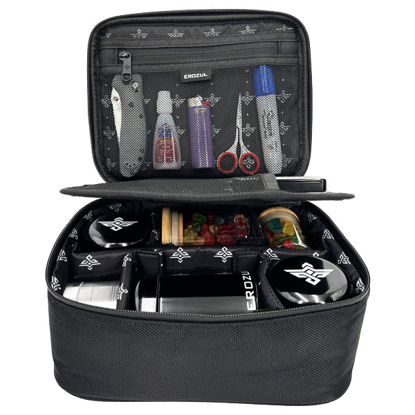 The Erozul Exodus Smell Proof Case With Combination Lock is a black case with multiple compartments that securely holds jars, a grinder, scissors, containers, and other smoking accessories.