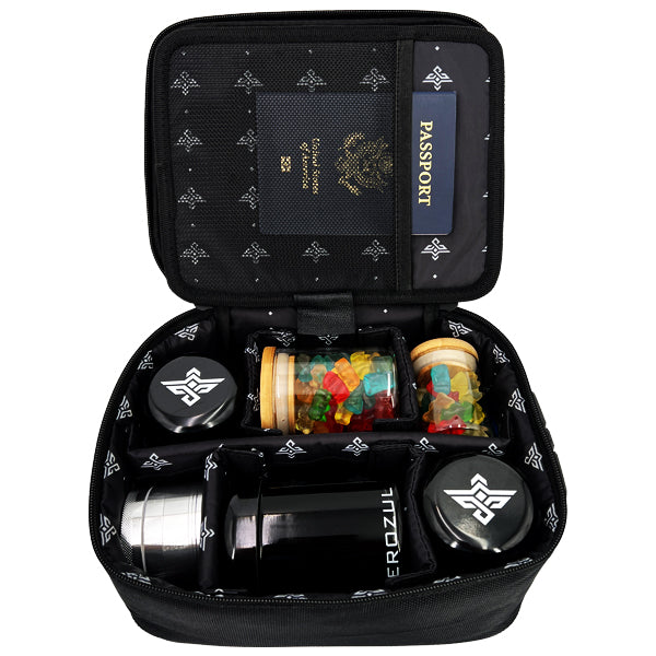 The Erozul Exodus Smell Proof Case With Combination Lock neatly organizes a passport, two jars of gummies, a thermos, and two black containers in a secure, zippered, and smell-proof black case.