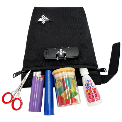 The Erozul Orion Smell Proof Bag With Combination Lock 7 is partially open, revealing scissors, a lighter, a plastic tube, a jar of gummy bears, and a bottle of eye drops.